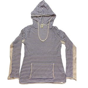 Roxy cotton hooded sweater blue & cream striped hoodie front pocket large